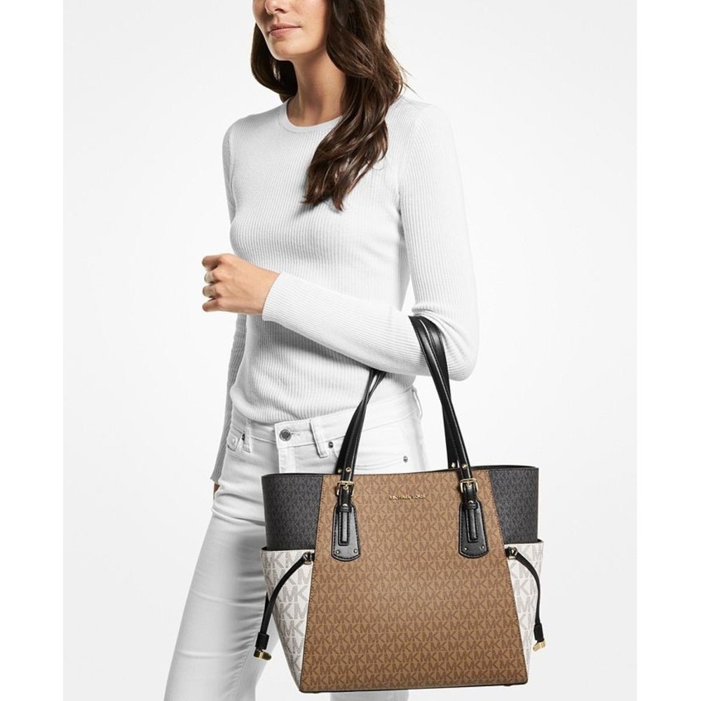 Michael Kors Voyager LG East West Drawstring Tote Shoulder Bag MK Gold/Brown